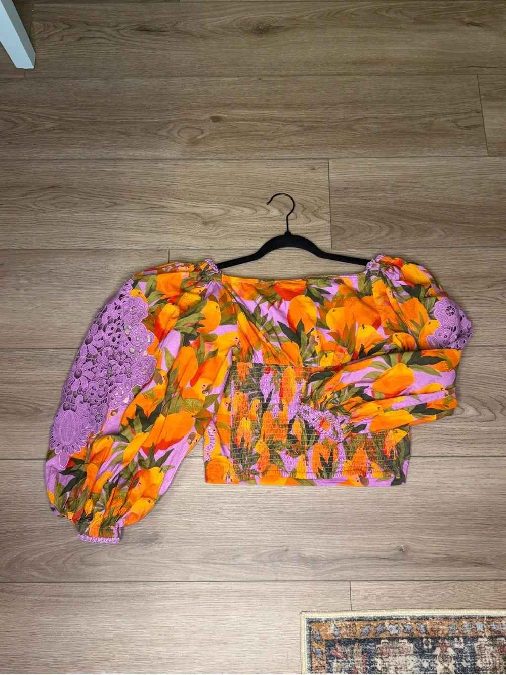 Mango Macaws Smocked Puff-Sleeve Blouse  purple lace square neck floral brocade